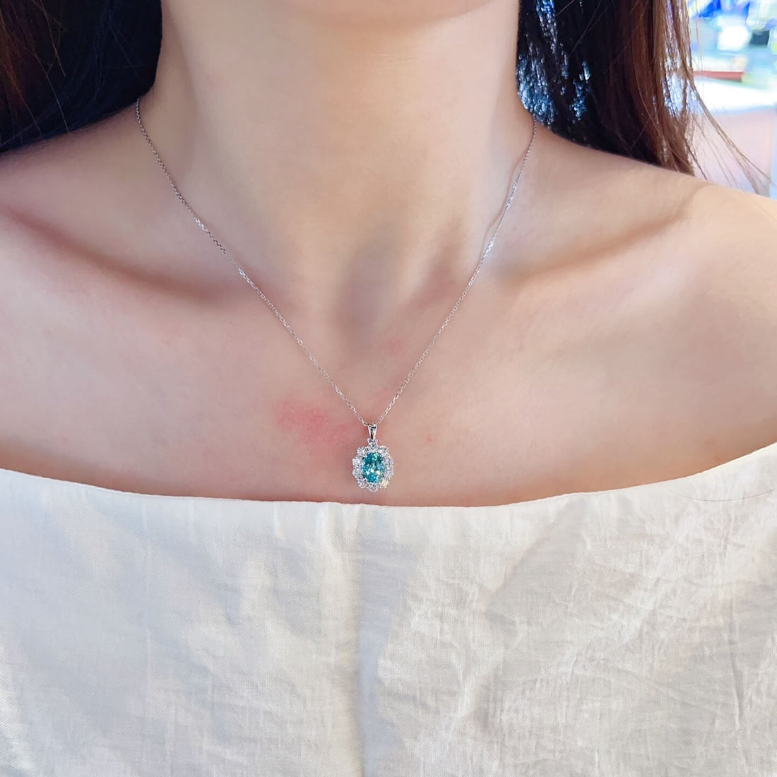 Halo setting oval cut lab grown paraiba pendant necklace
