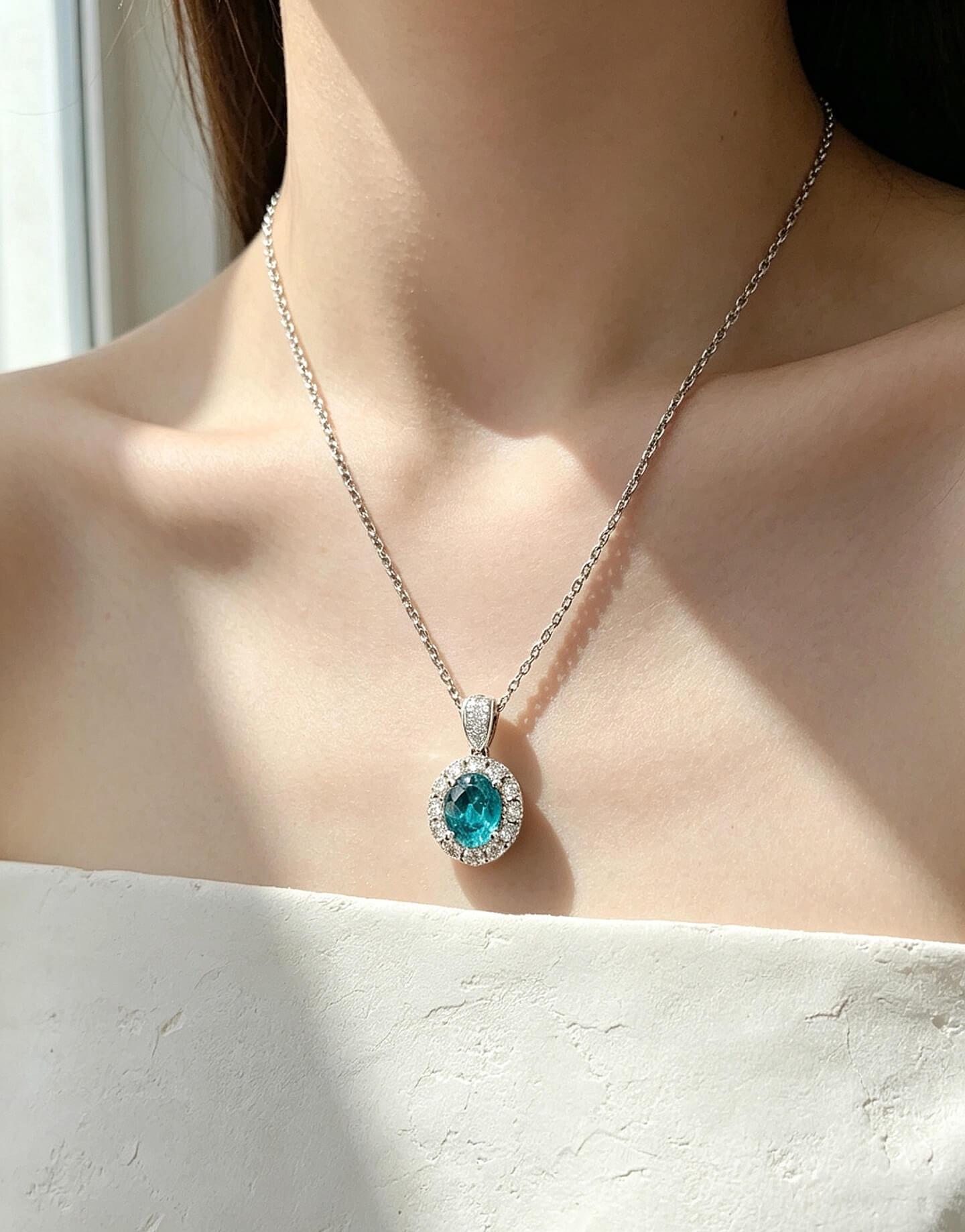 Halo setting oval cut lab grown paraiba pendant necklace