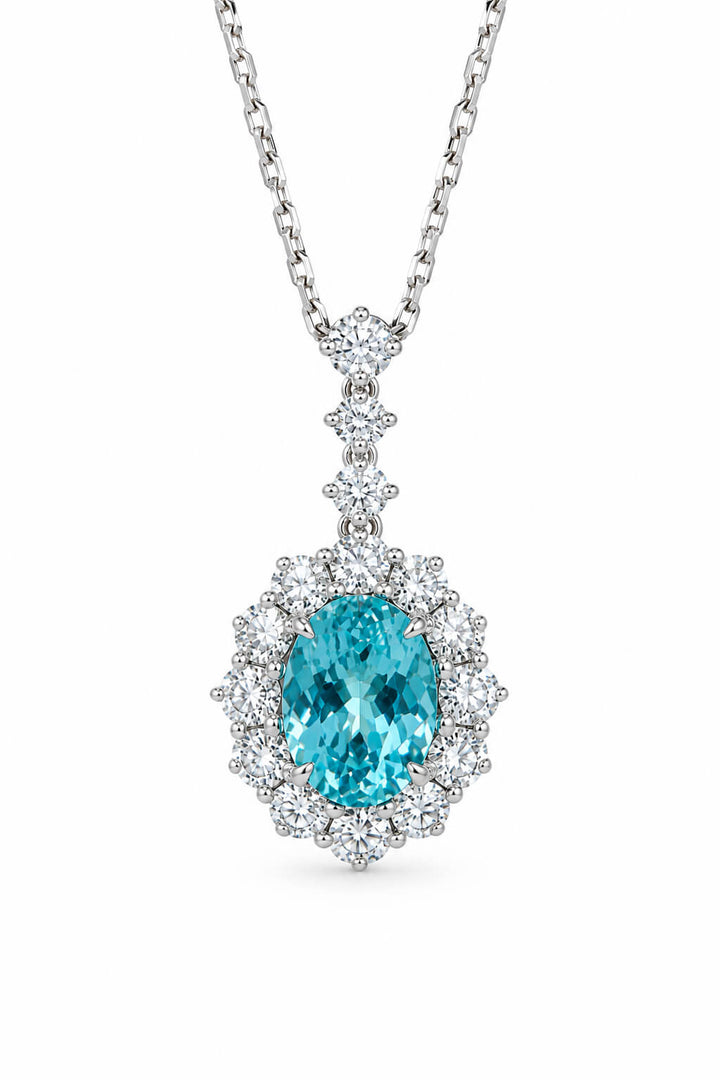 Halo setting oval cut lab grown paraiba pendant necklace
