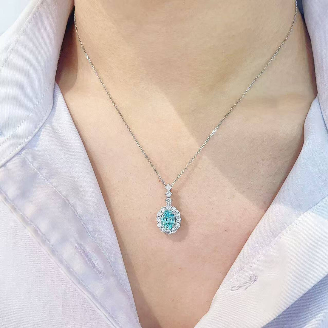 Halo setting oval cut lab grown paraiba pendant necklace