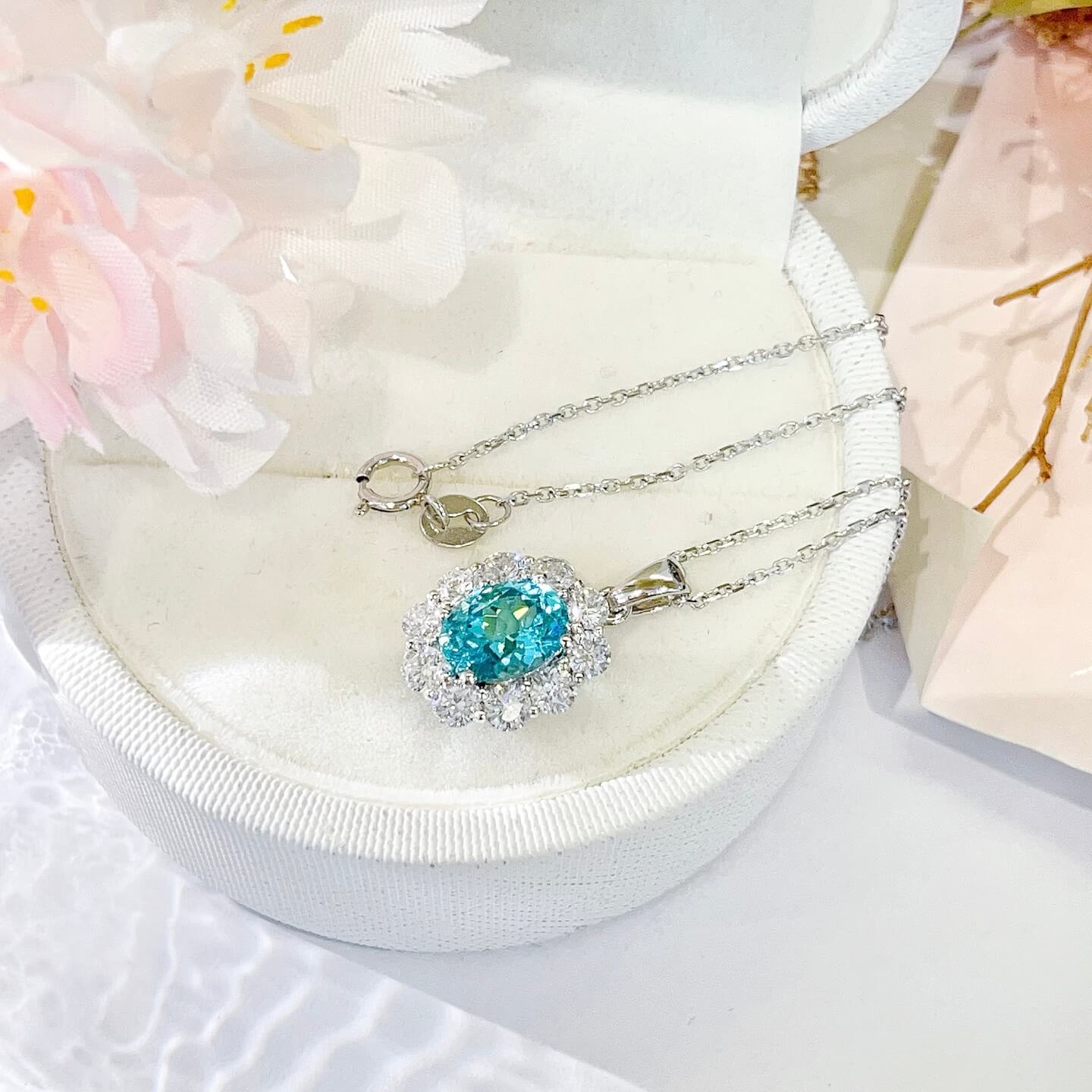 Halo setting oval cut lab grown paraiba pendant necklace