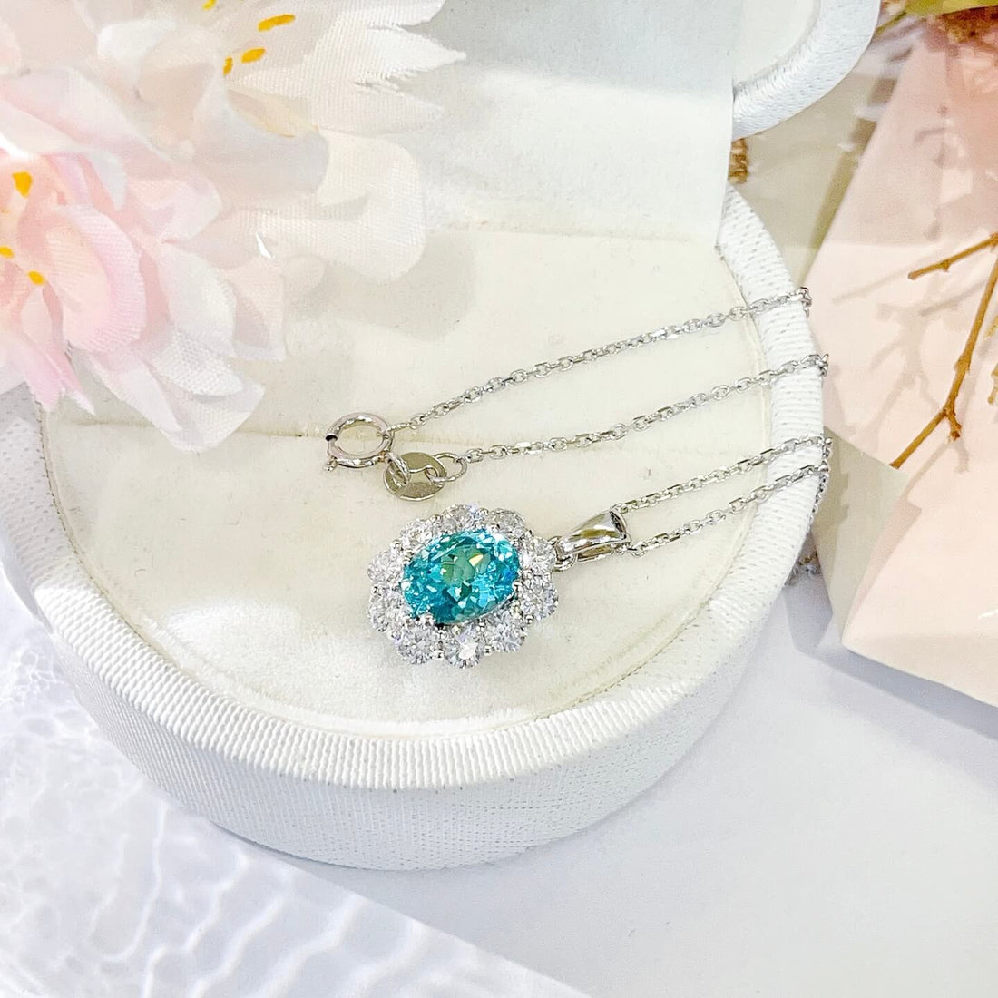 Halo setting oval cut lab grown paraiba pendant necklace