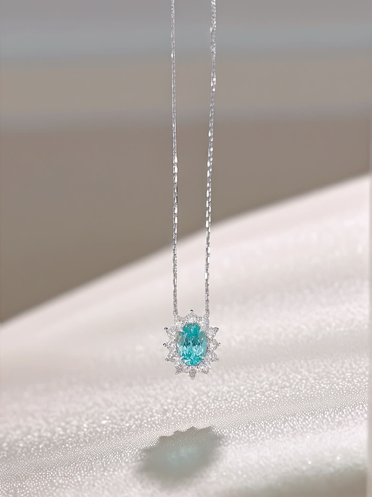 Halo setting oval cut lab grown paraiba pendant necklace