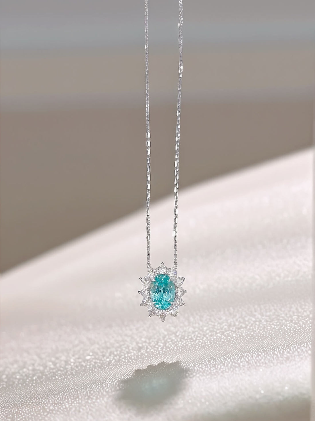 Halo setting oval cut lab grown paraiba pendant necklace