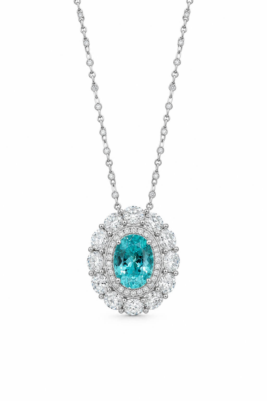 Halo setting oval cut lab grown paraiba pendant necklace