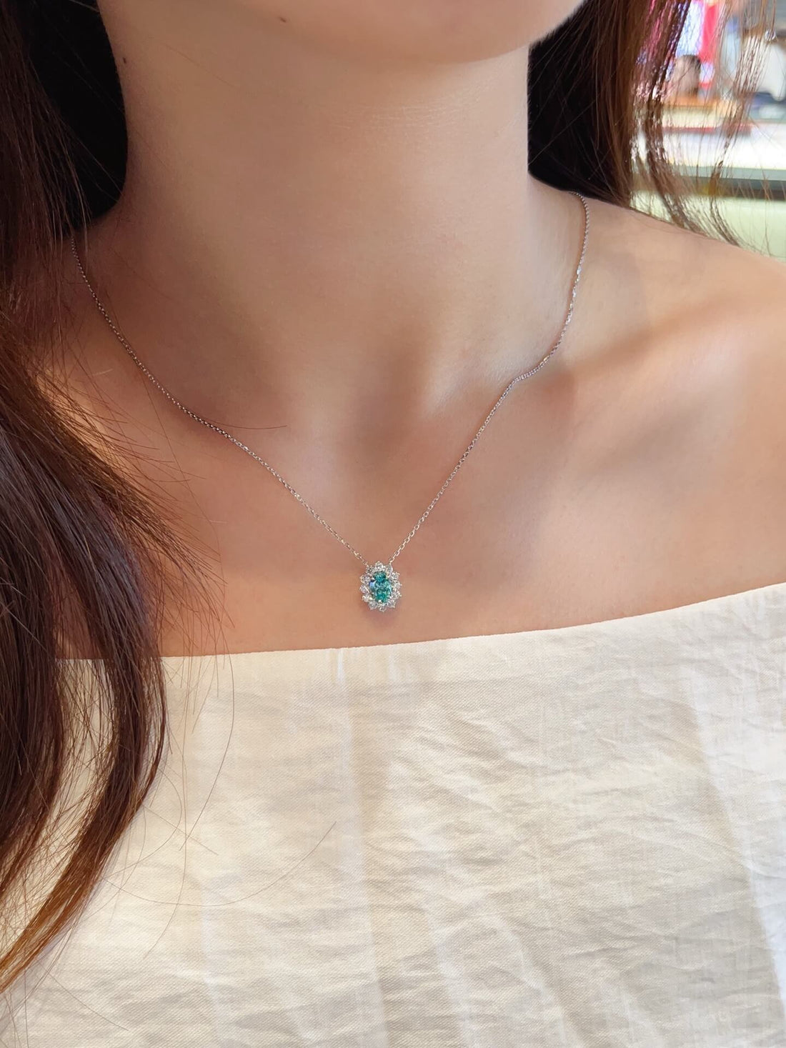 Halo setting oval cut lab grown paraiba pendant necklace
