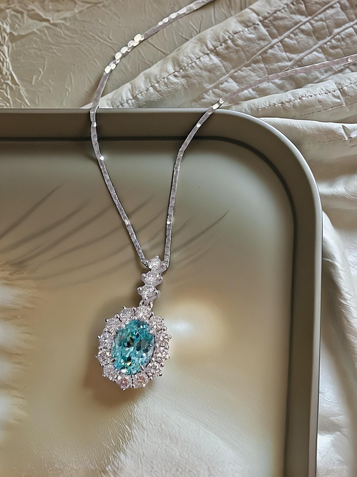 Halo setting oval cut lab grown paraiba pendant necklace