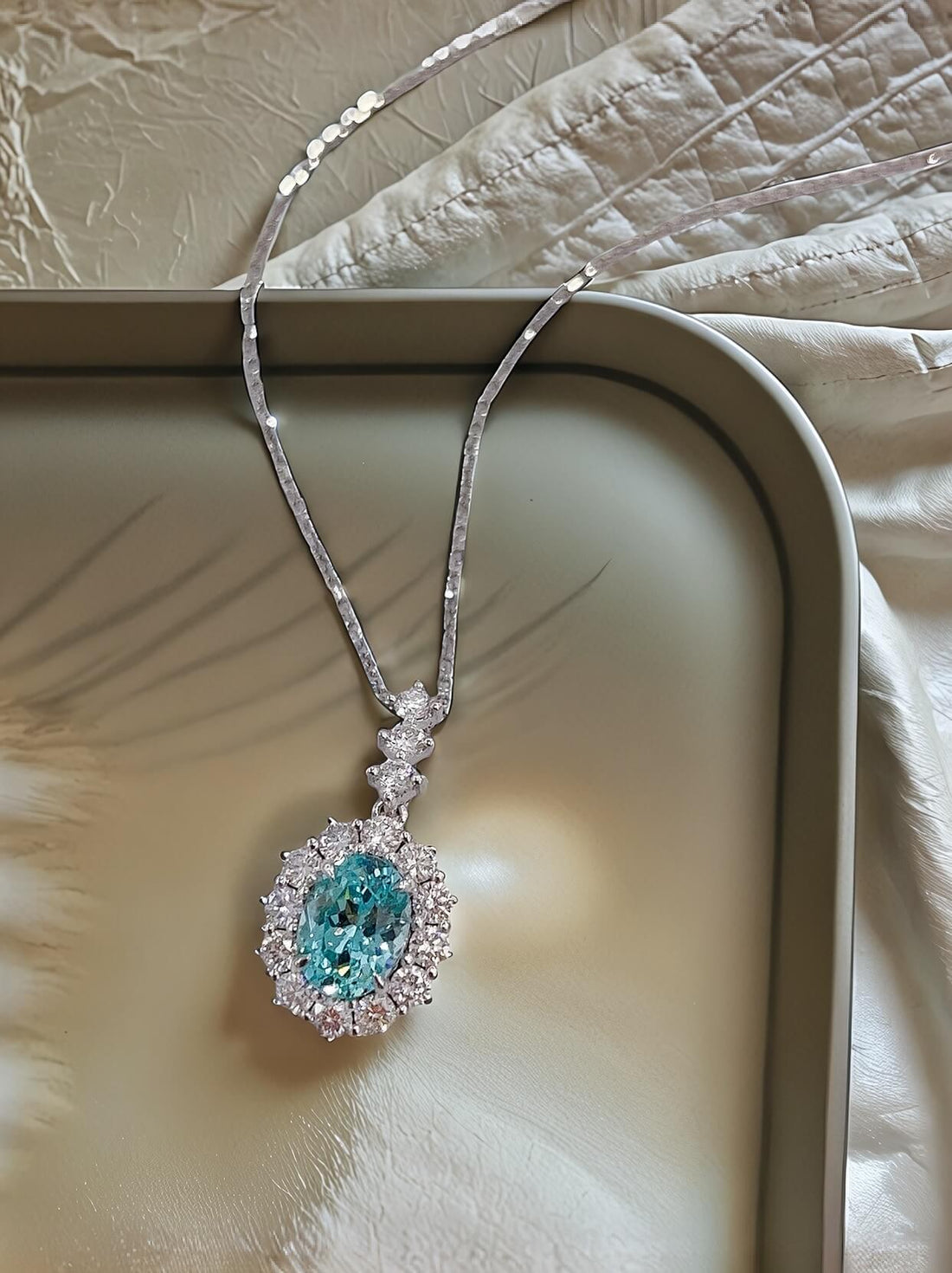Halo setting oval cut lab grown paraiba pendant necklace