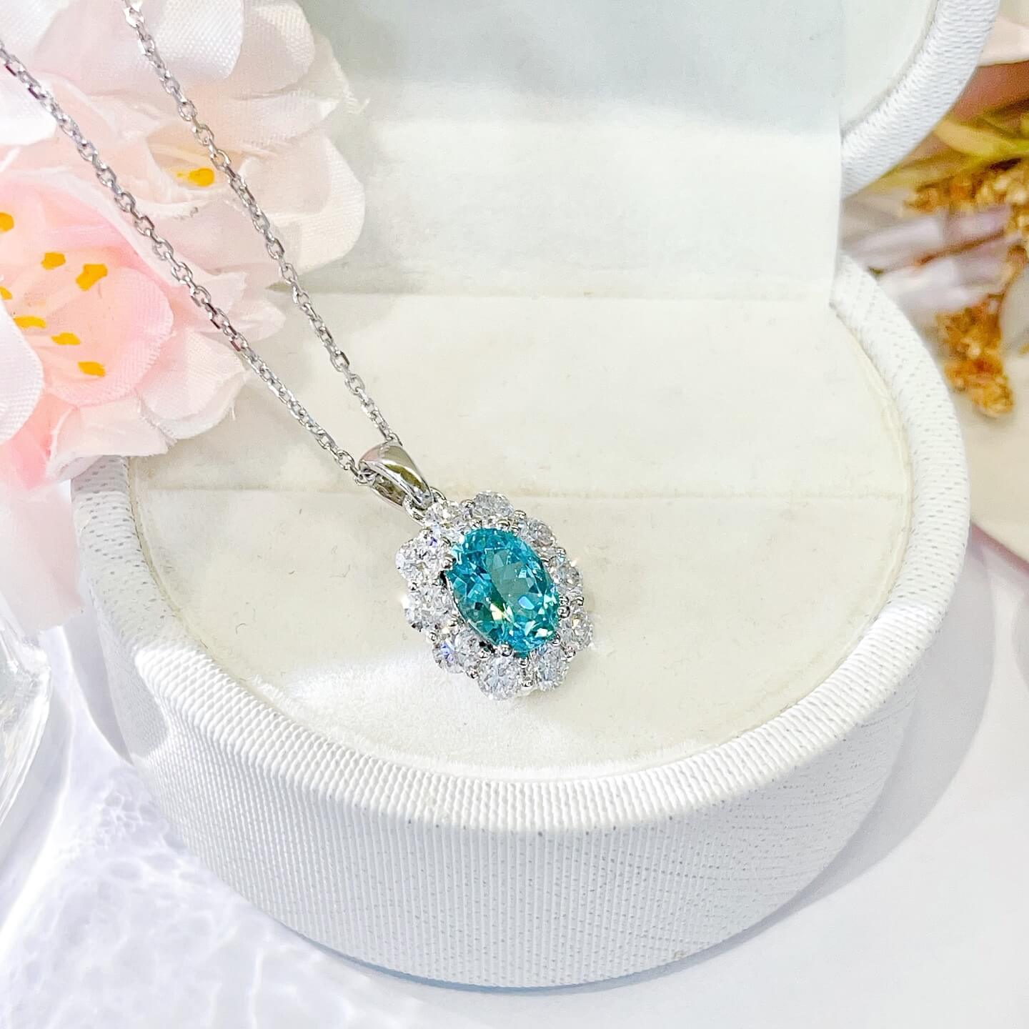 Halo setting oval cut lab grown paraiba pendant necklace