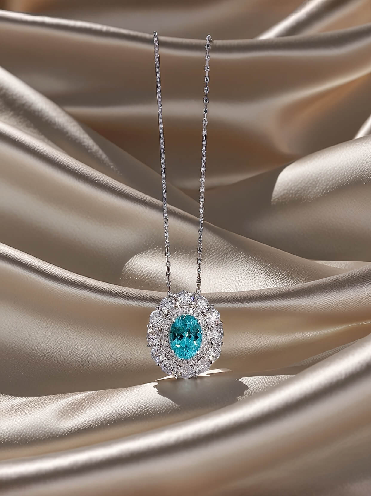 Halo setting oval cut lab grown paraiba pendant necklace