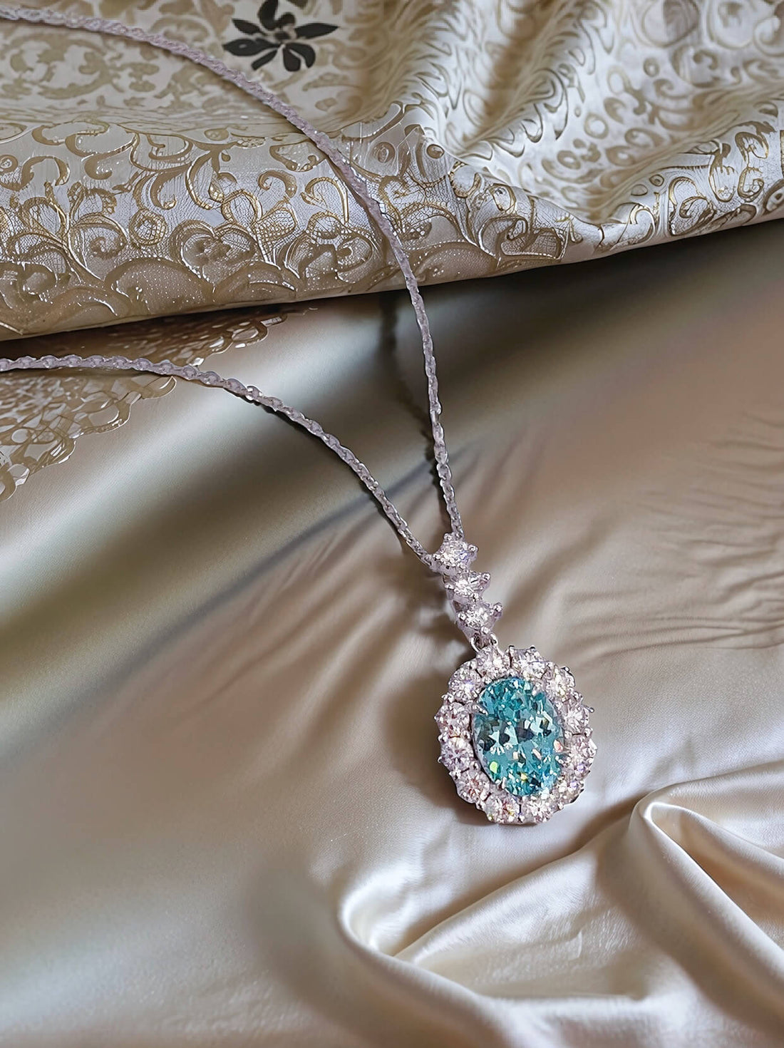 Halo setting oval cut lab grown paraiba pendant necklace