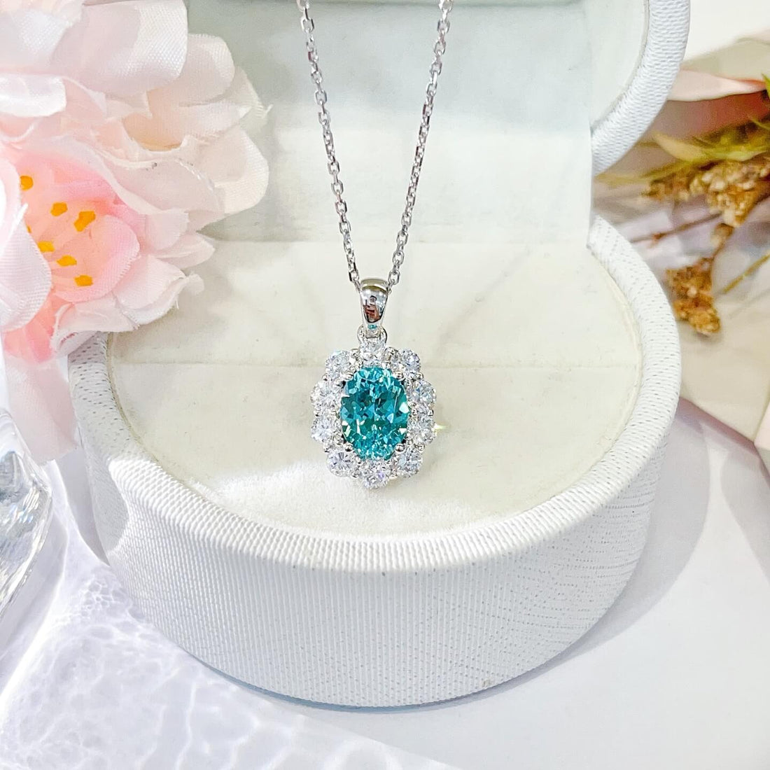 Halo setting oval cut lab grown paraiba pendant necklace