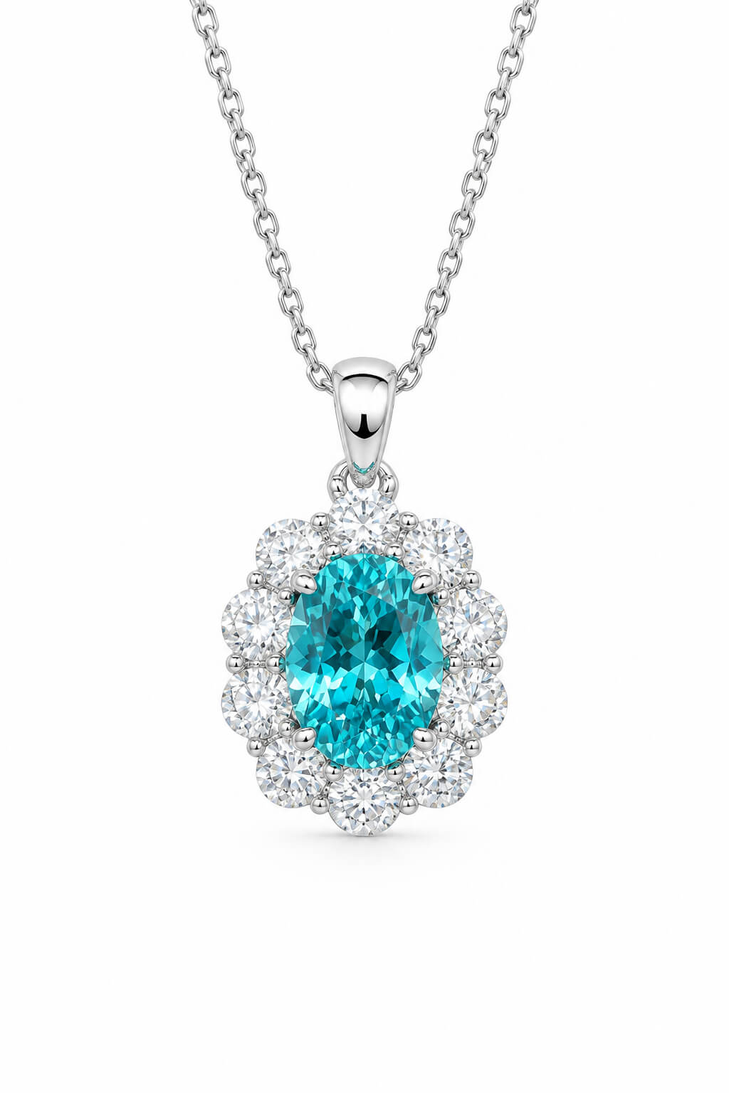 Halo setting oval cut lab grown paraiba pendant necklace