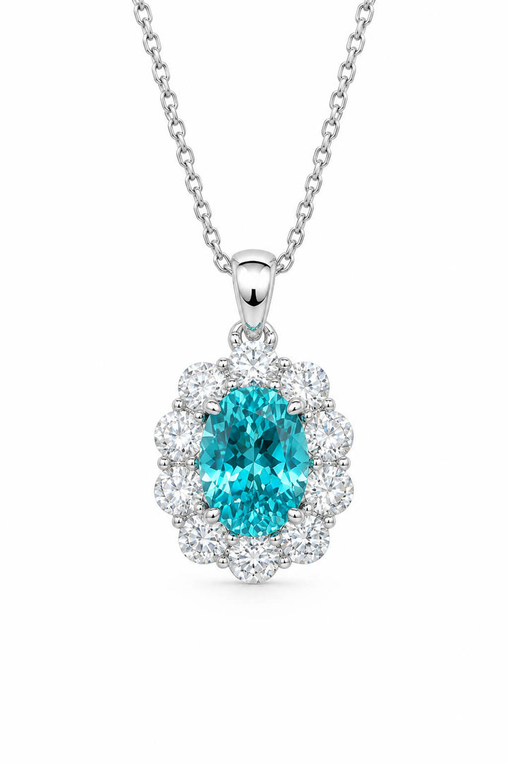 Halo setting oval cut lab grown paraiba pendant necklace