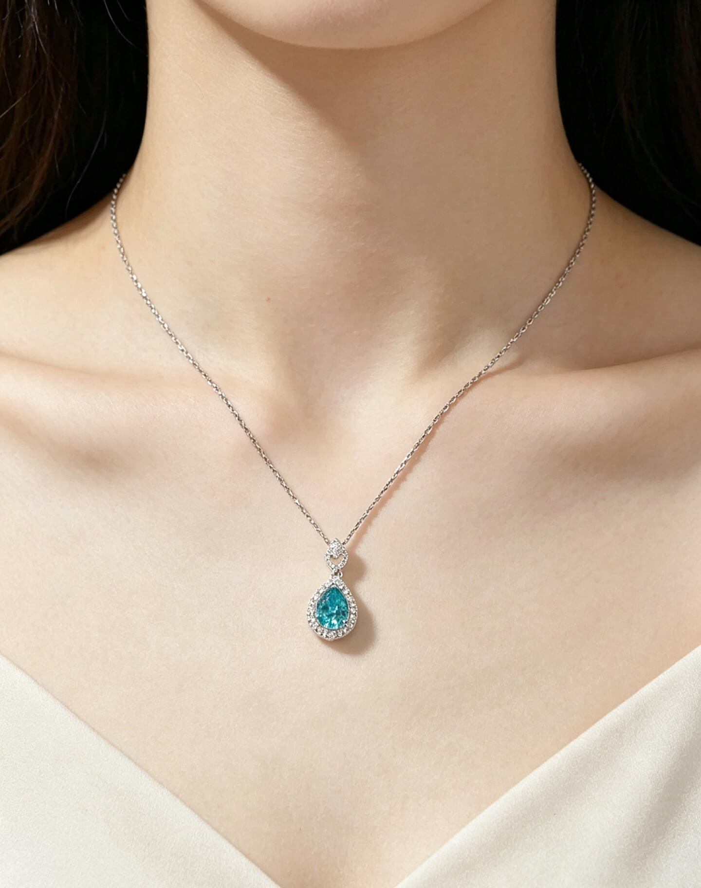 Halo setting oval cut lab grown paraiba pendant necklace
