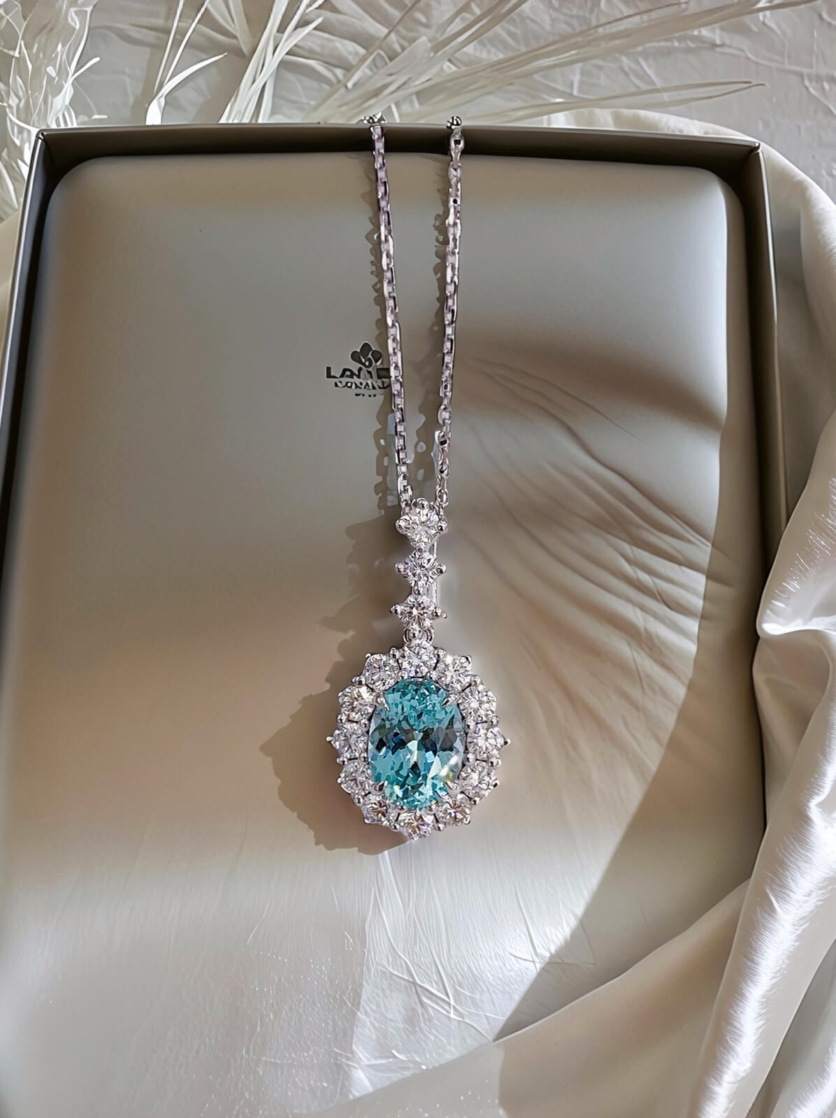 Halo setting oval cut lab grown paraiba pendant necklace