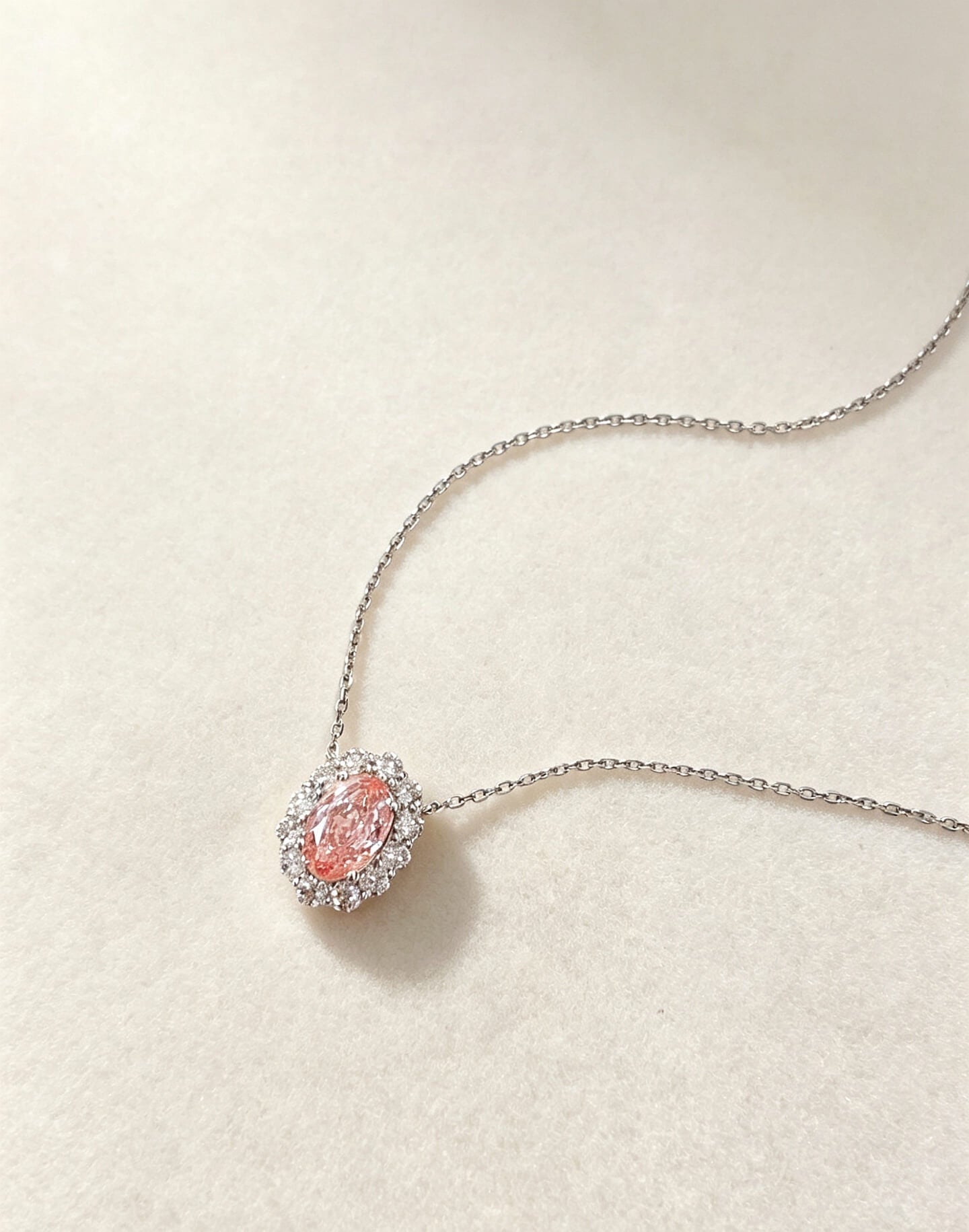 Halo setting oval cut lab grown pink diamond pendant necklace