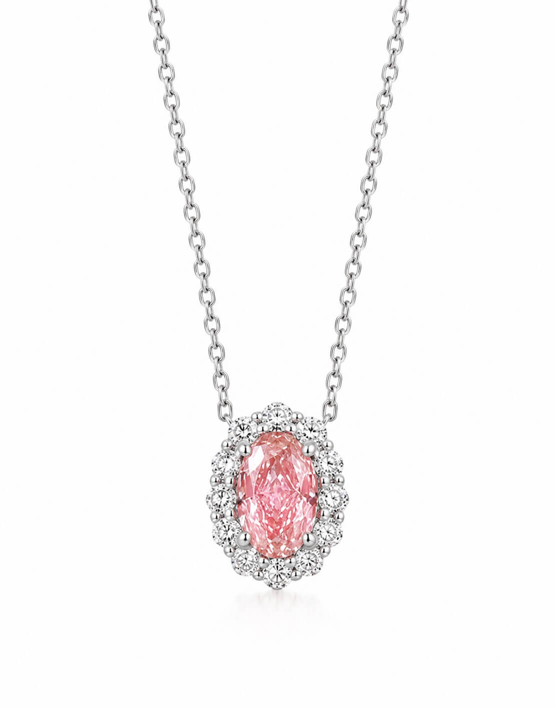 Halo setting oval cut lab grown pink diamond pendant necklace