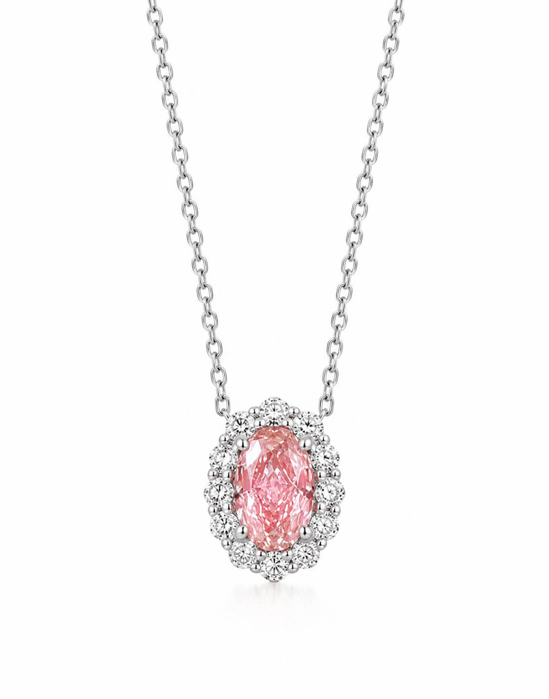 Halo setting oval cut lab grown pink diamond pendant necklace