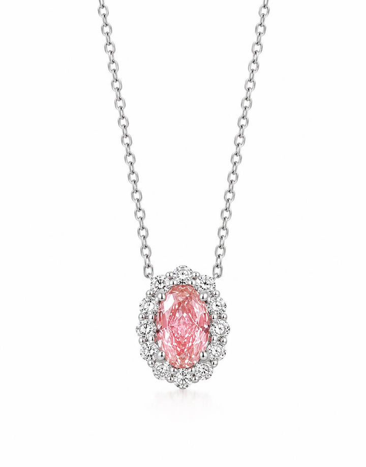 Halo setting oval cut lab grown pink diamond pendant necklace