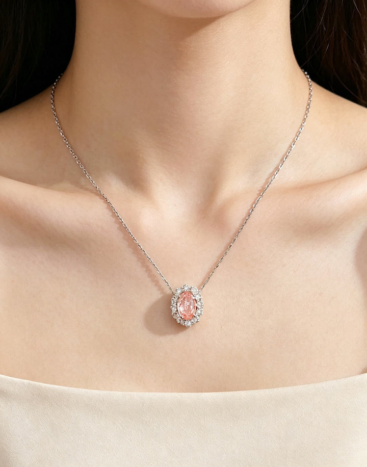 Halo setting oval cut lab grown pink diamond pendant necklace