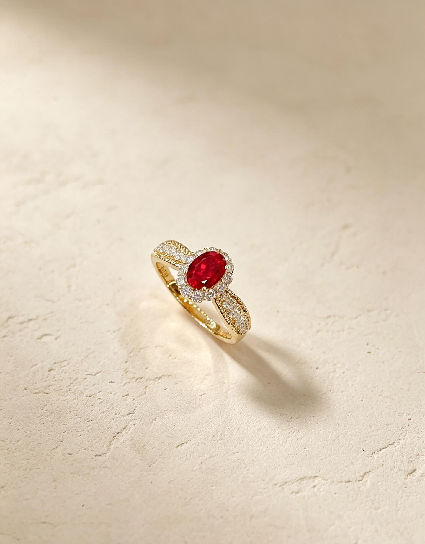 Halo setting oval cut lab grown ruby engagement ring