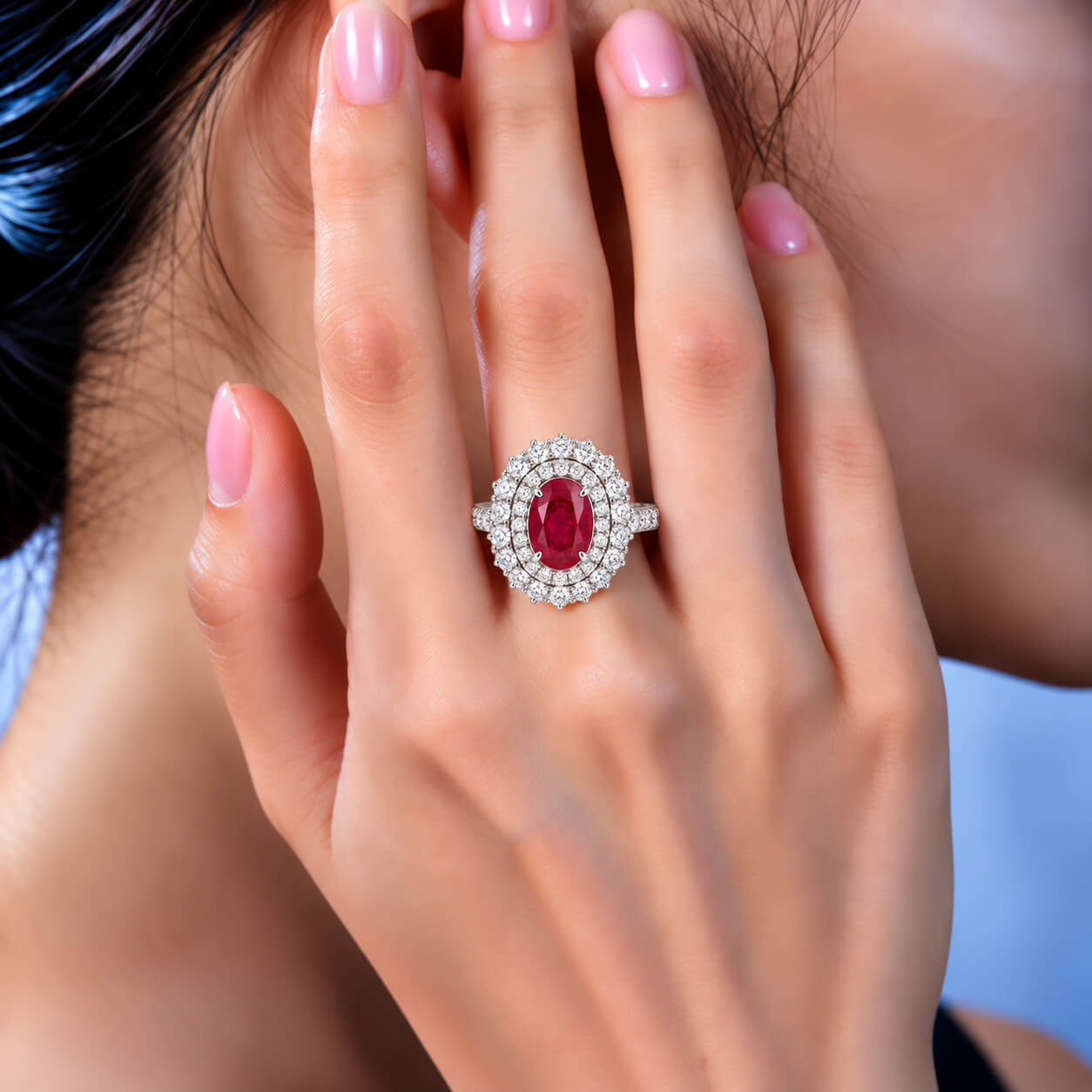 Halo setting oval cut lab grown ruby engagement ring
