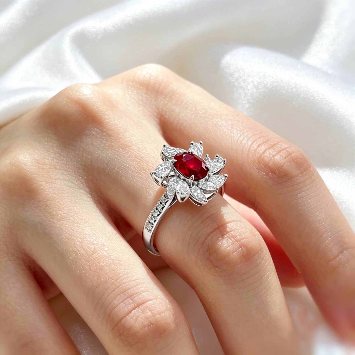 Halo setting oval cut lab grown ruby engagement ring