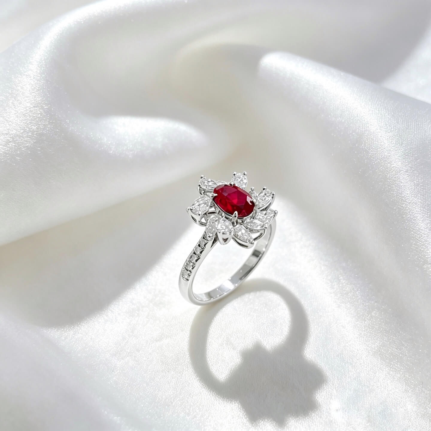 Halo setting oval cut lab grown ruby engagement ring