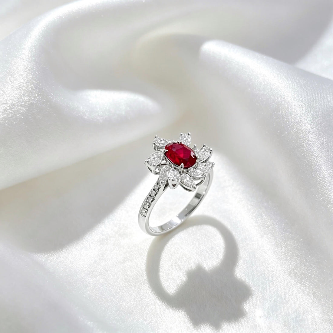 Halo setting oval cut lab grown ruby engagement ring