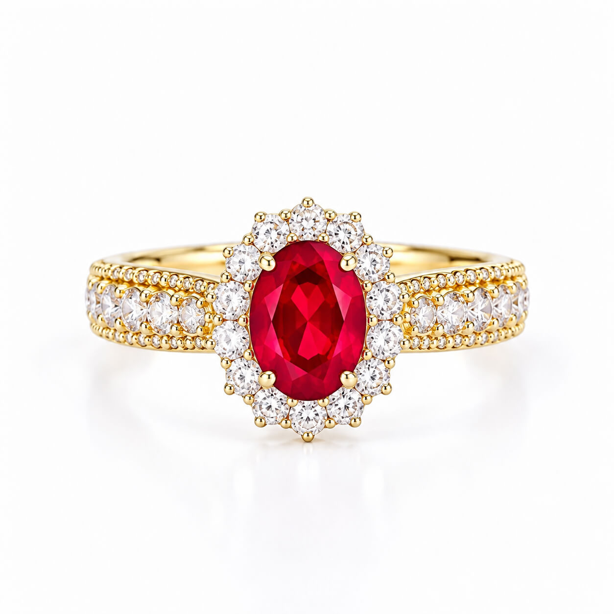 Halo setting oval cut lab grown ruby engagement ring
