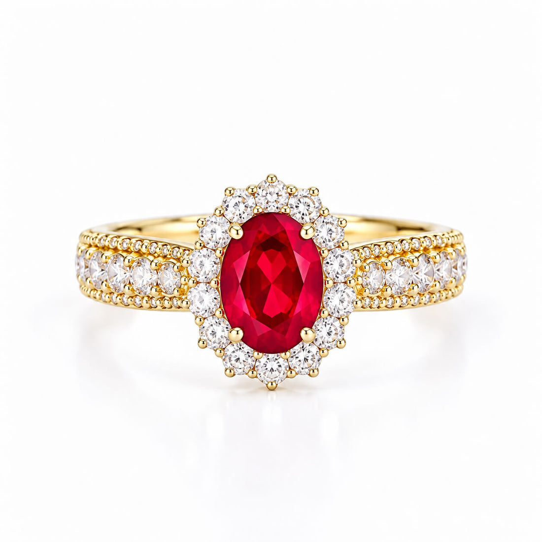 Halo setting oval cut lab grown ruby engagement ring