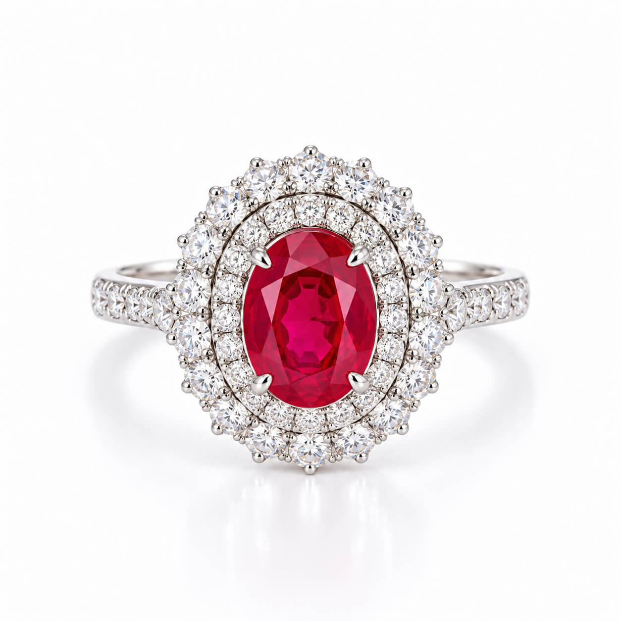 Halo setting oval cut lab grown ruby engagement ring