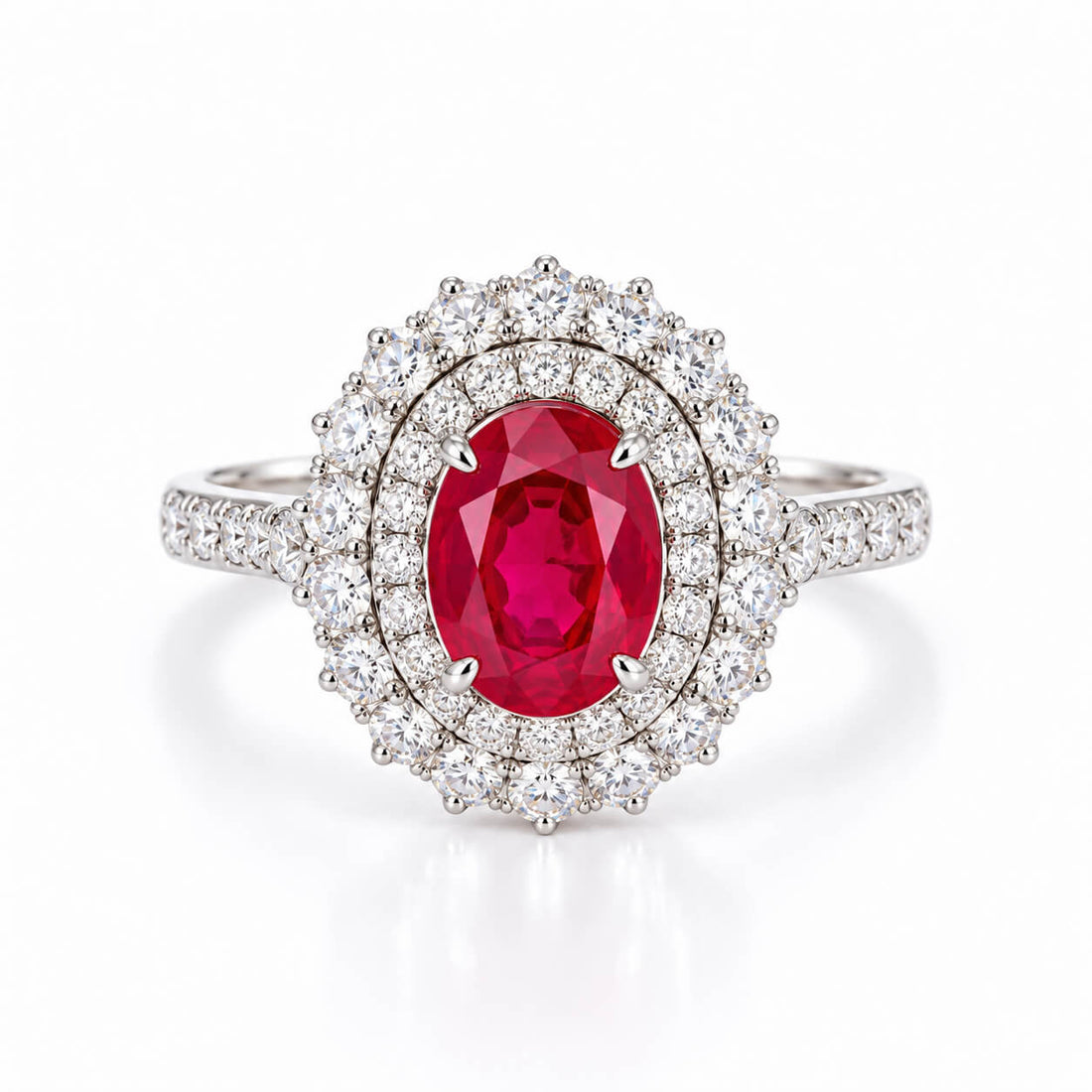 Halo setting oval cut lab grown ruby engagement ring