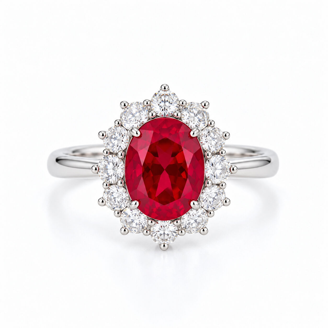 Halo setting oval cut lab grown ruby engagement ring