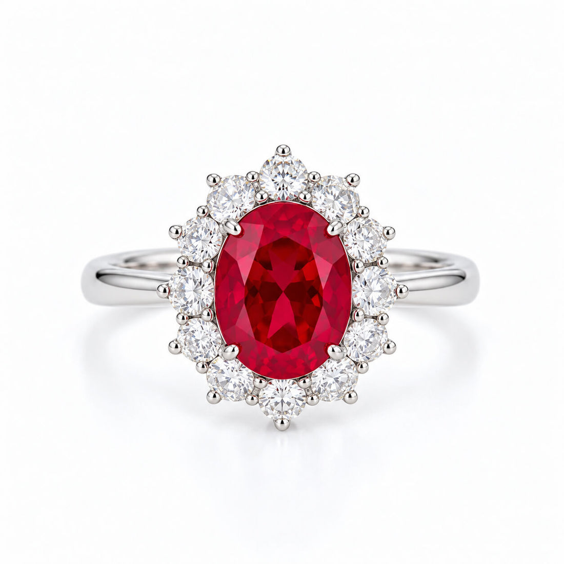 Halo setting oval cut lab grown ruby engagement ring