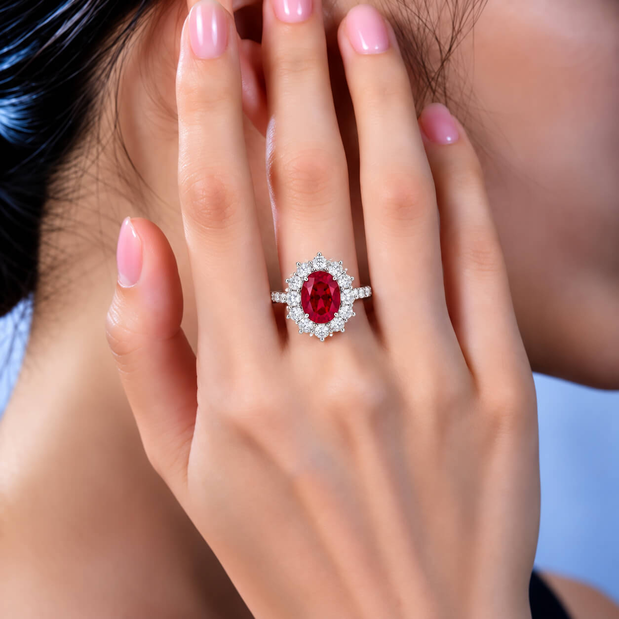 Halo setting oval cut lab grown ruby engagement ring