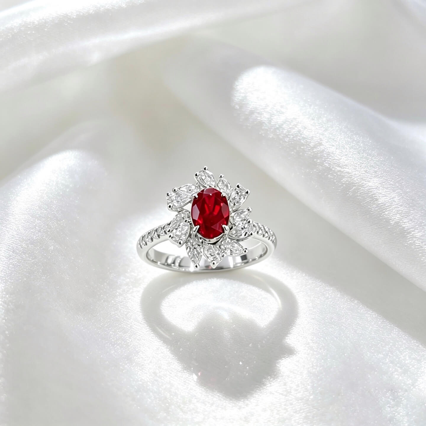 Halo setting oval cut lab grown ruby engagement ring