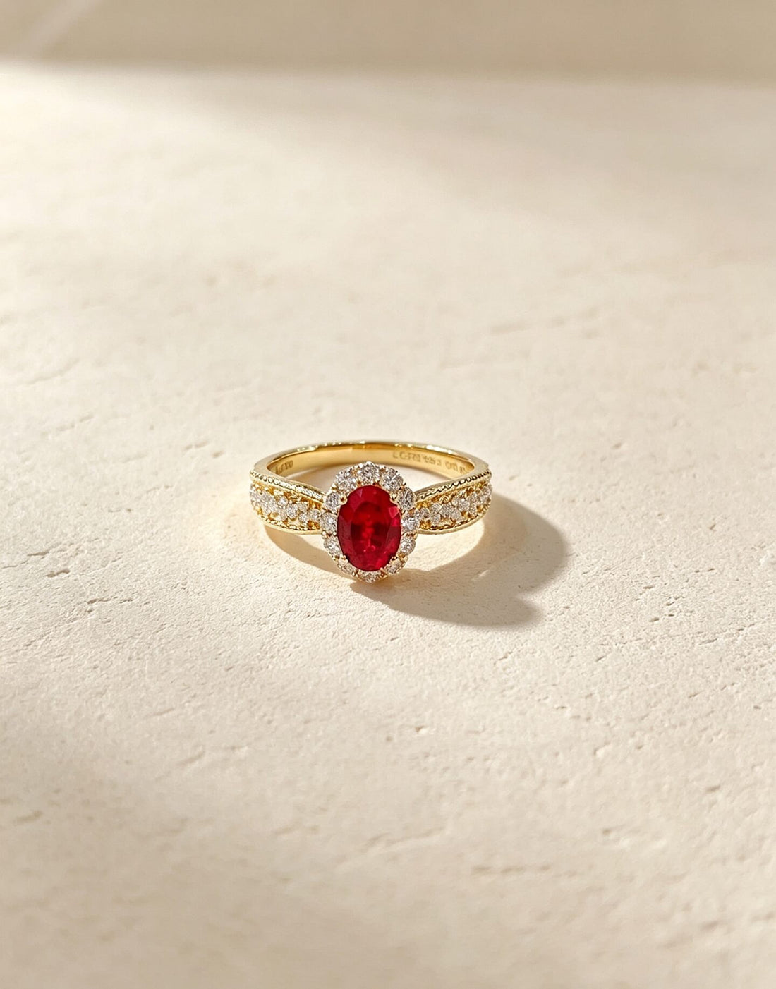 Halo setting oval cut lab grown ruby engagement ring