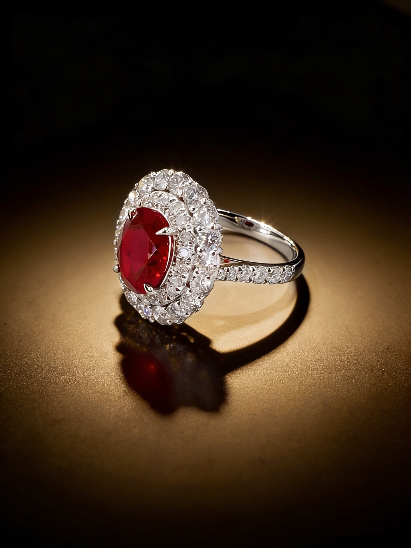 Halo setting oval cut lab grown ruby engagement ring