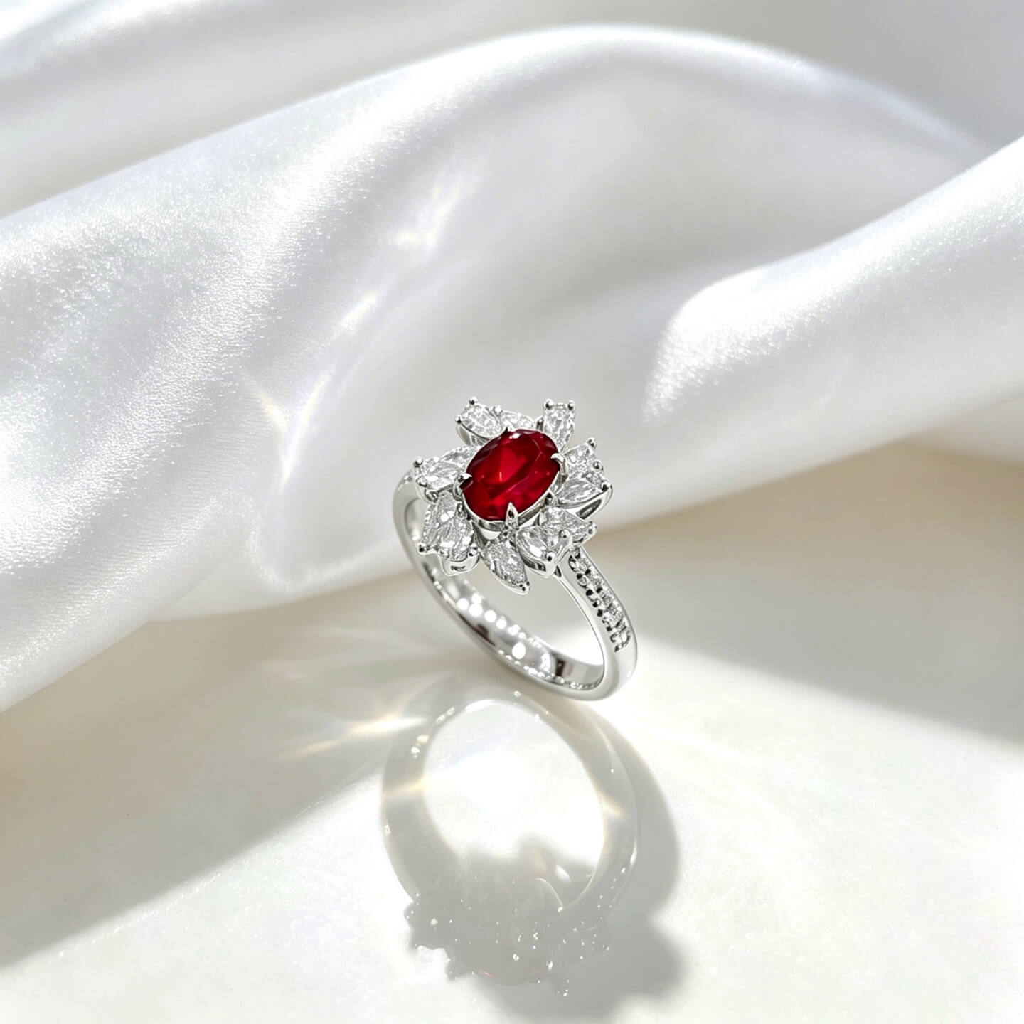 Halo setting oval cut lab grown ruby engagement ring