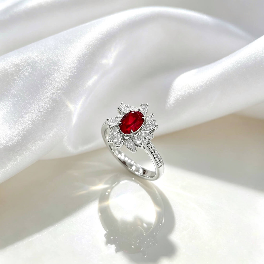Halo setting oval cut lab grown ruby engagement ring