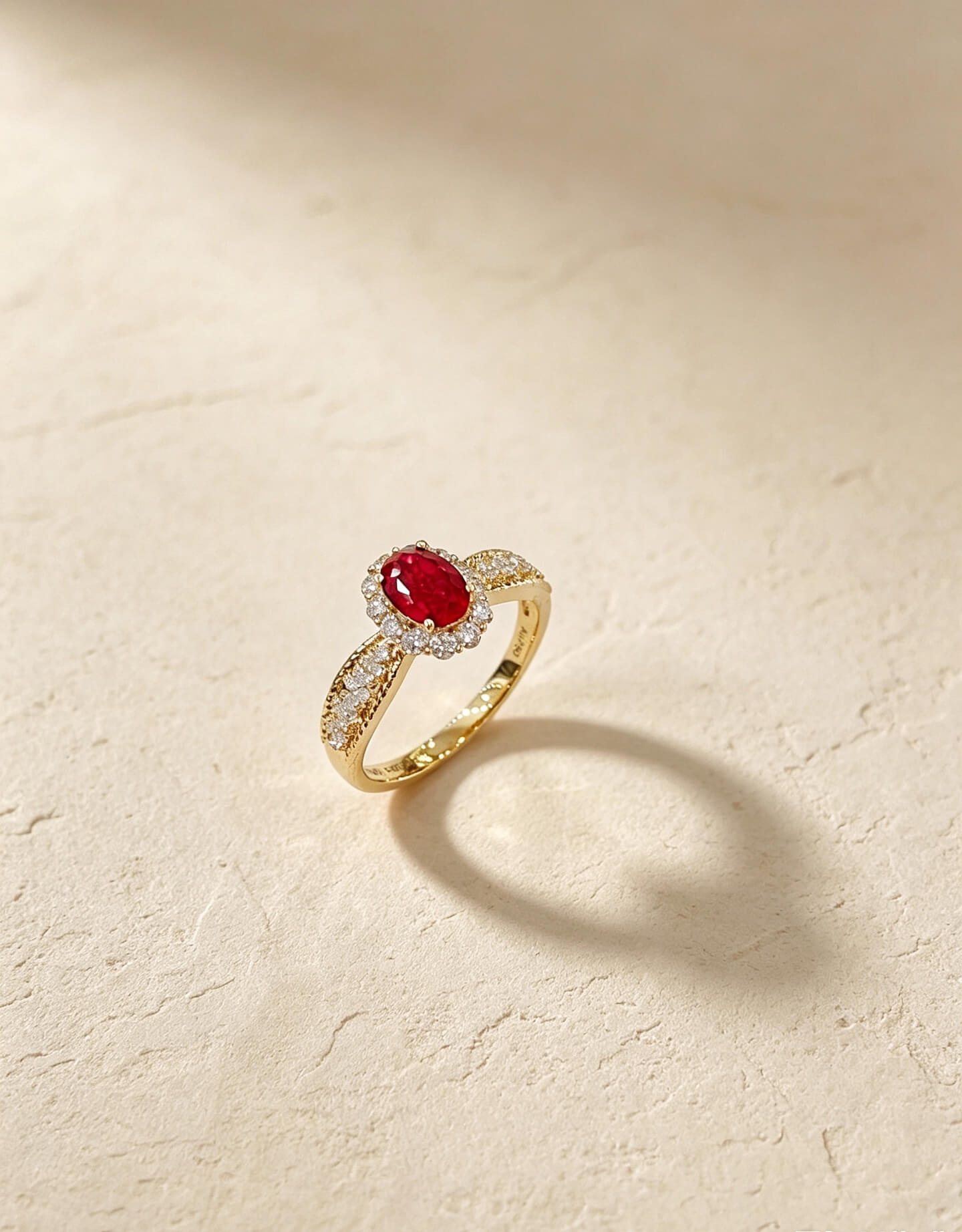 Halo setting oval cut lab grown ruby engagement ring