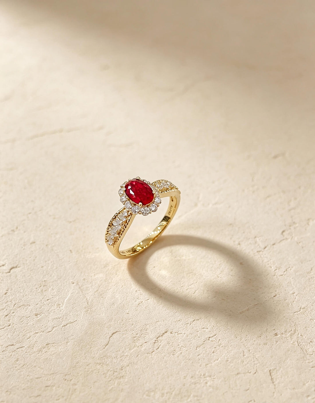 Halo setting oval cut lab grown ruby engagement ring
