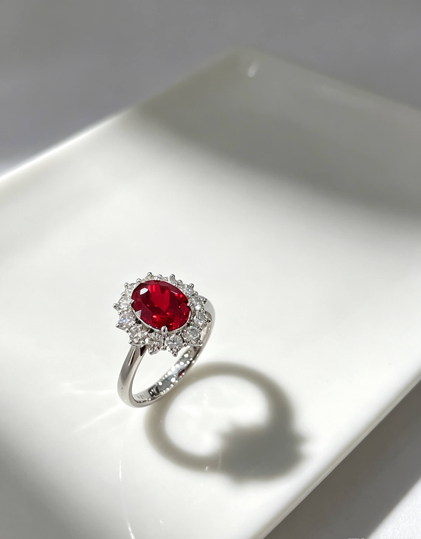 Halo setting oval cut lab grown ruby engagement ring