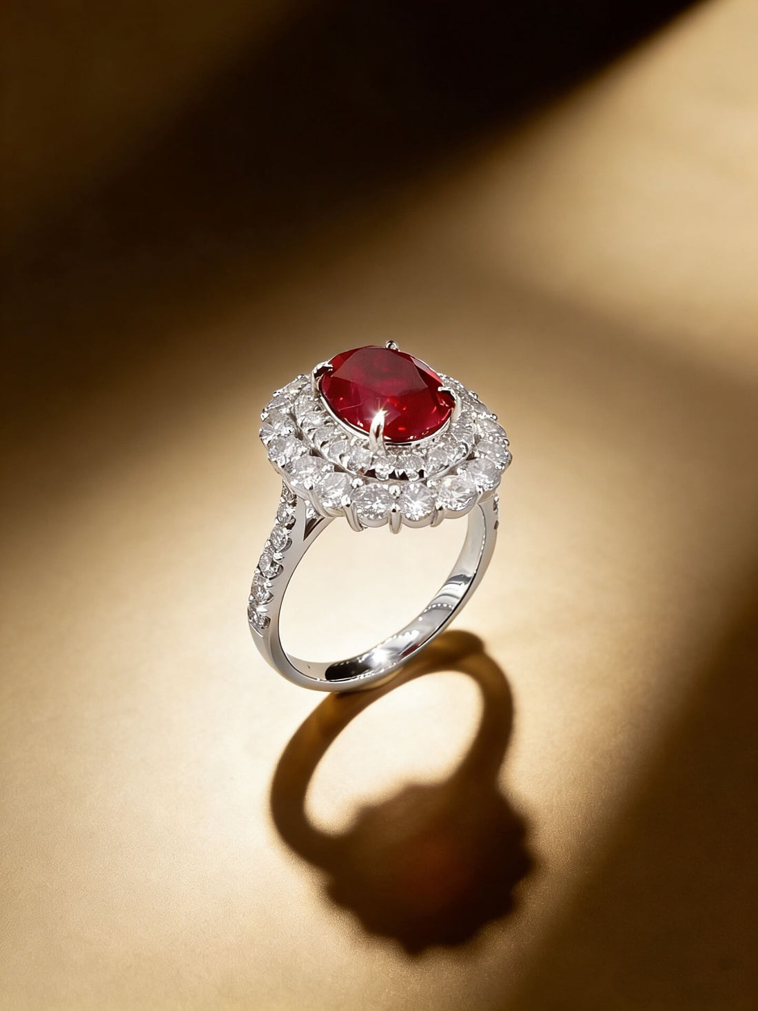 Halo setting oval cut lab grown ruby engagement ring