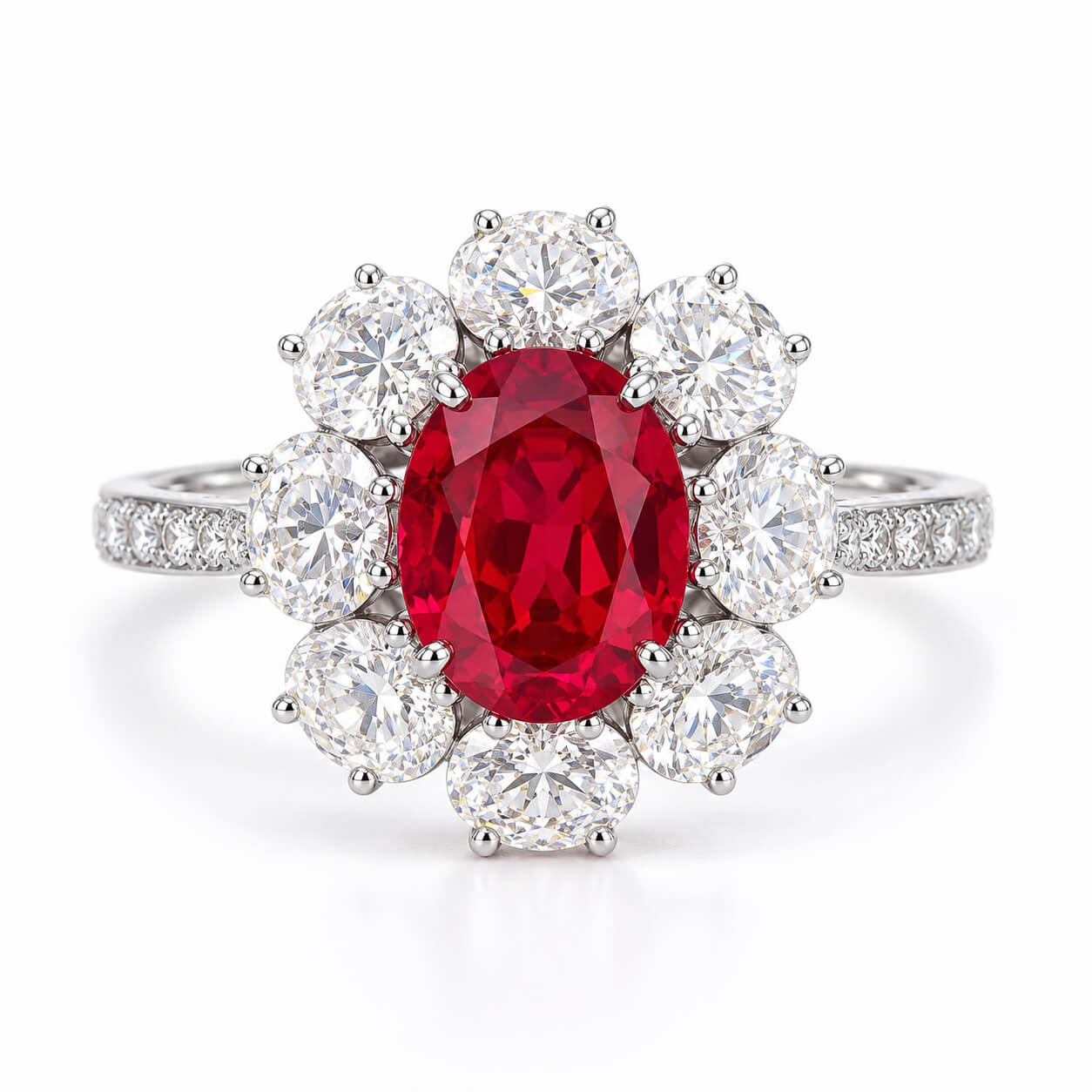 Halo setting oval cut lab grown ruby engagement ring