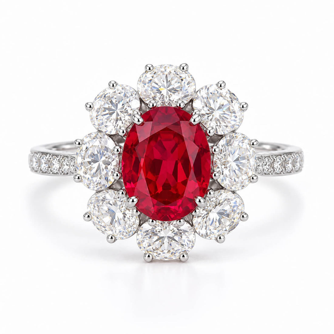 Halo setting oval cut lab grown ruby engagement ring