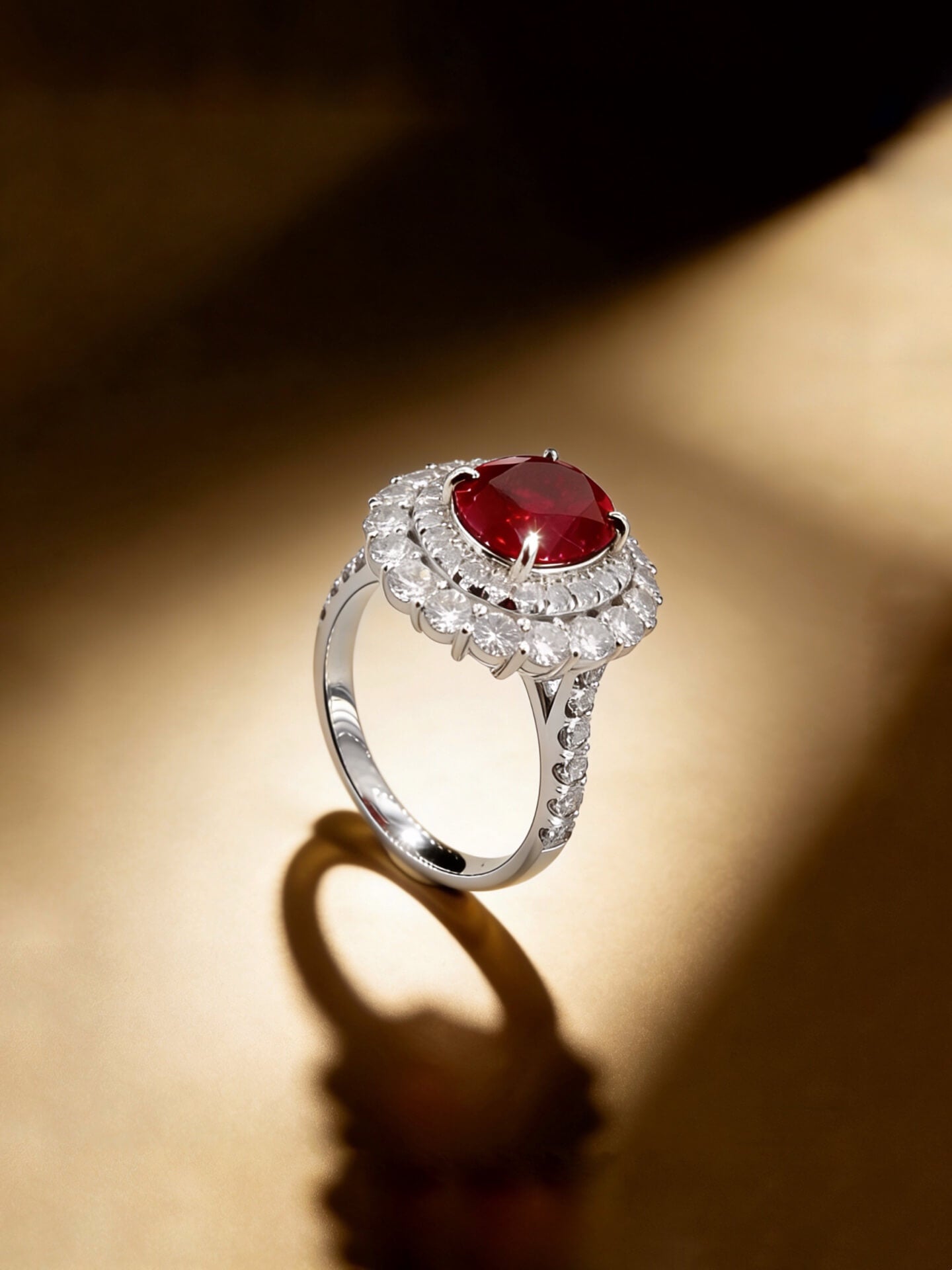 Halo setting oval cut lab grown ruby engagement ring