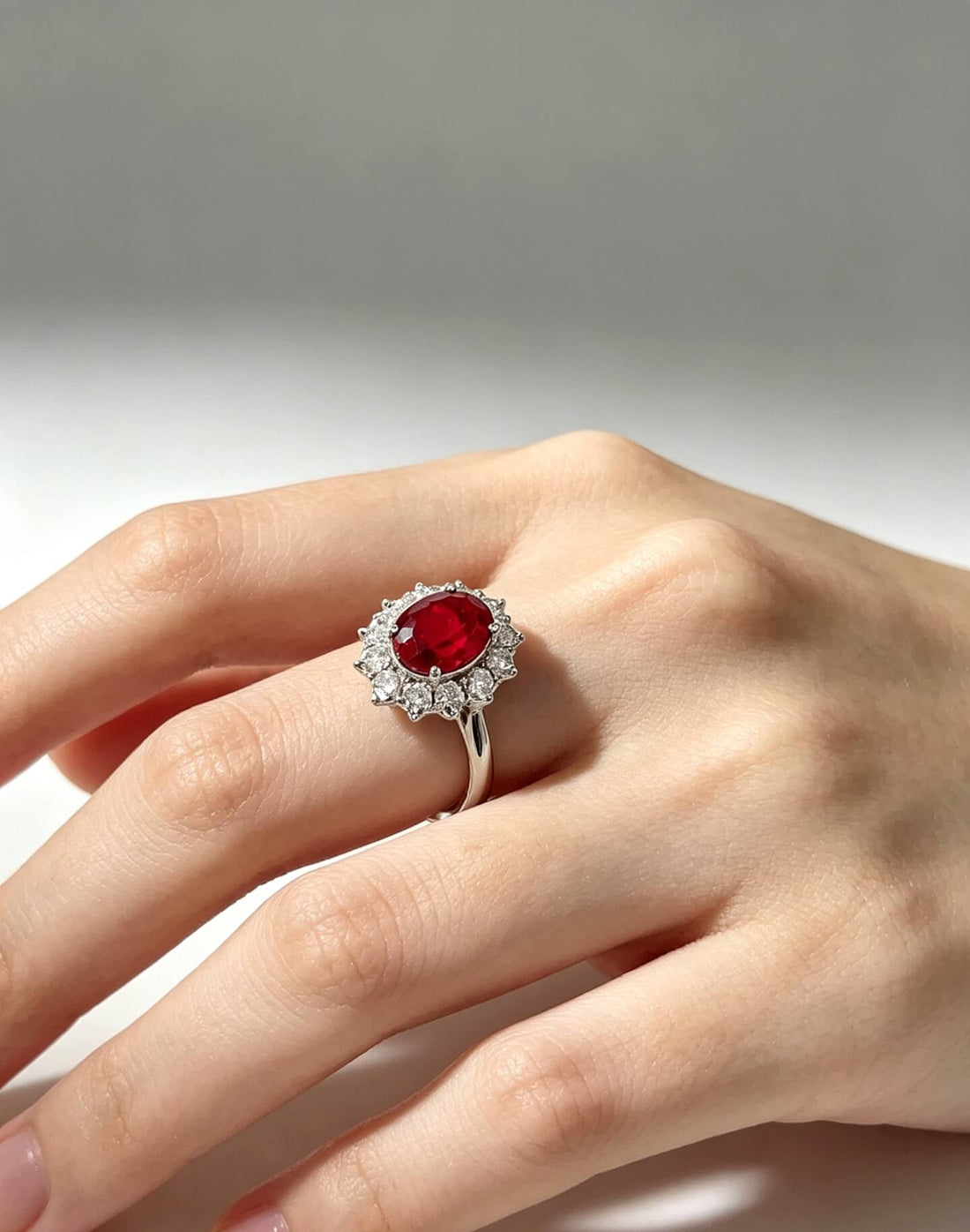 Halo setting oval cut lab grown ruby engagement ring